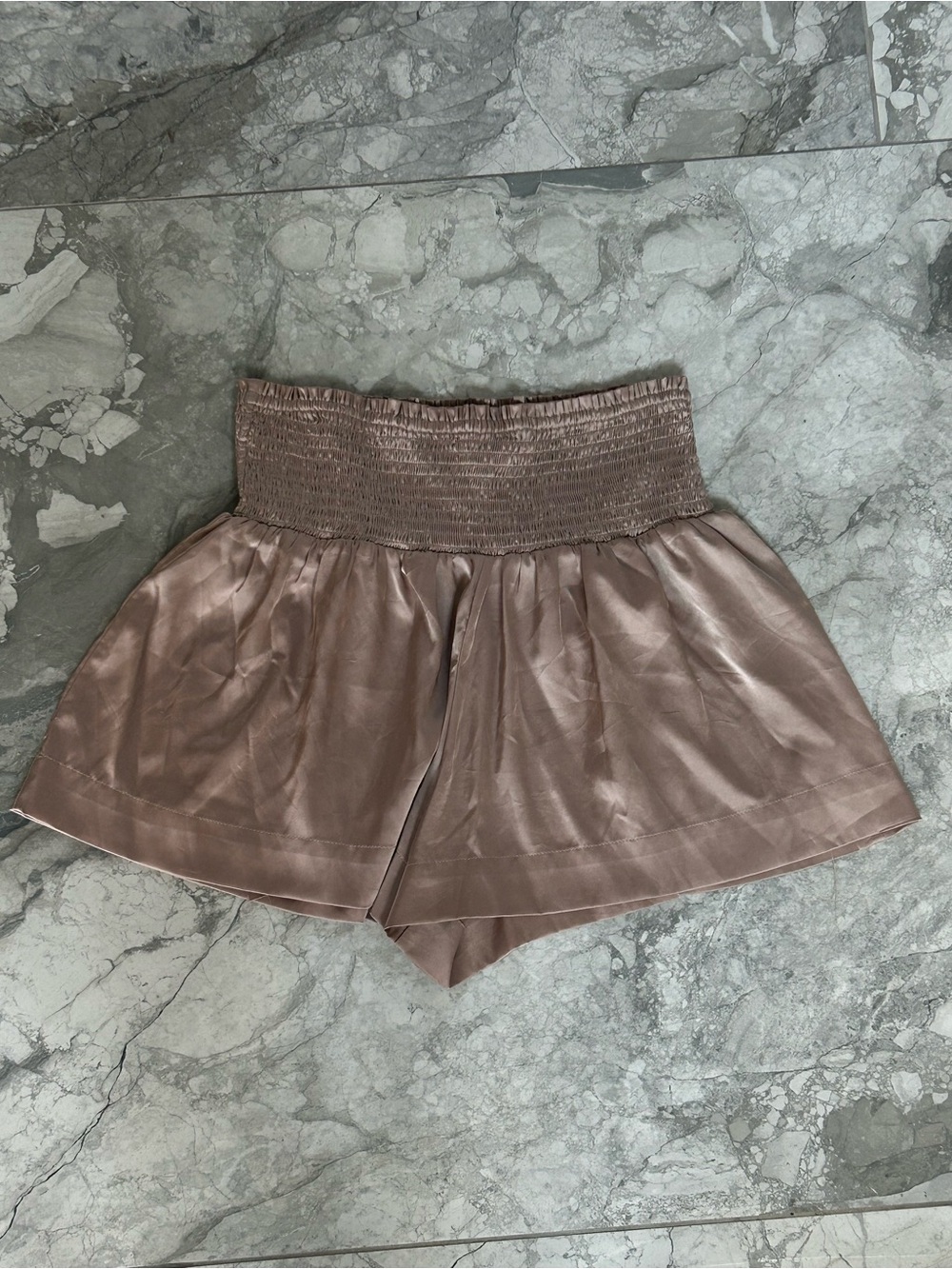 TCEC Smocked-Waist Satin Shorts - Taupe Blush
